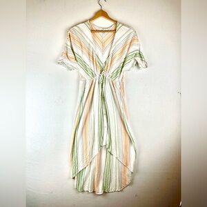 O'Neill Stripe Button Down Midi Dress Asymmetrical Hem Beach Coastal